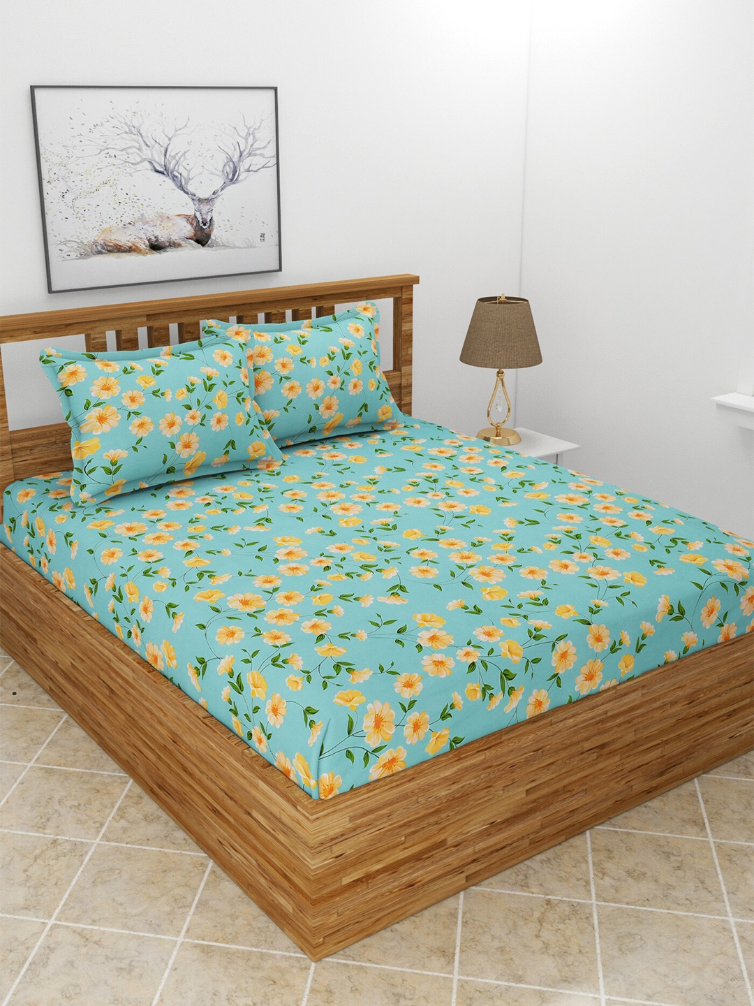 

BREVARD Sea Green & Orange Floral 210 TC Queen Bedsheet With 2 Pillow Covers