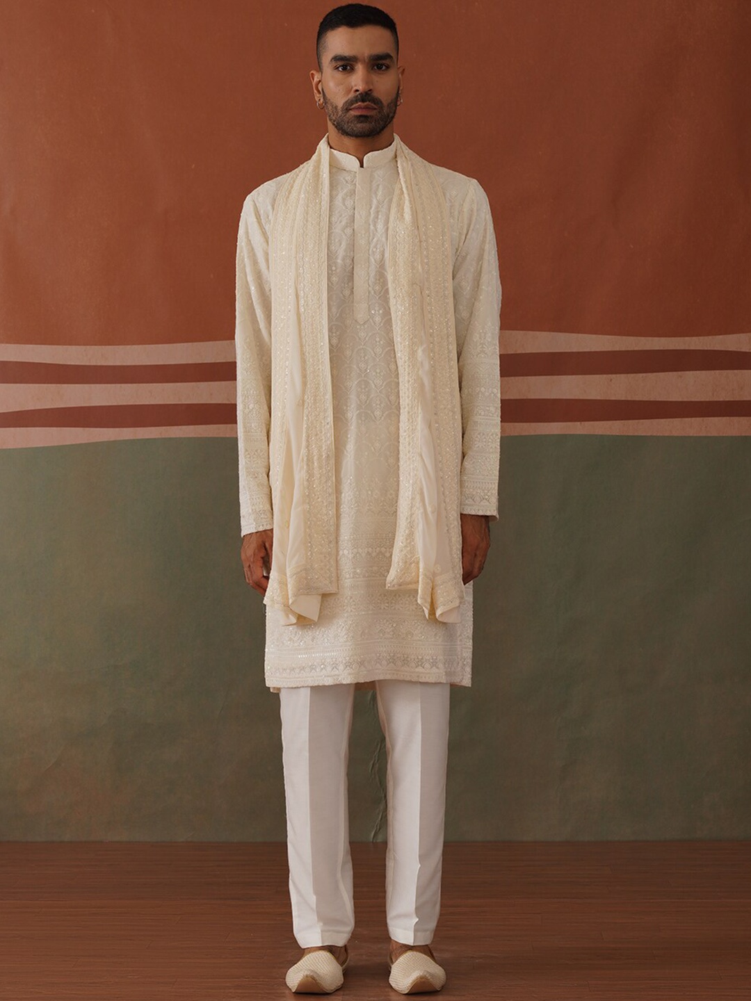 

KALPRAAG Ethnic Motifs Embroidered Sequinned Georgette Kurta with Trousers & Dupatta, Off white