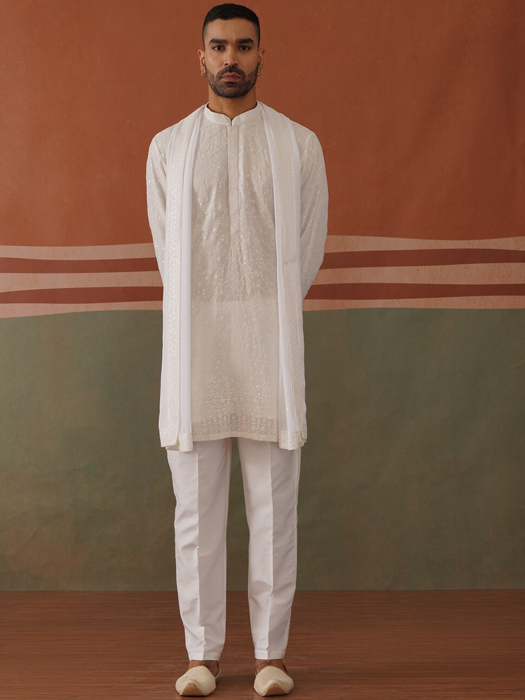 

KALPRAAG Ethnic Motifs Embroidered Sequinned Georgette Kurta with Trousers & Dupatta, White