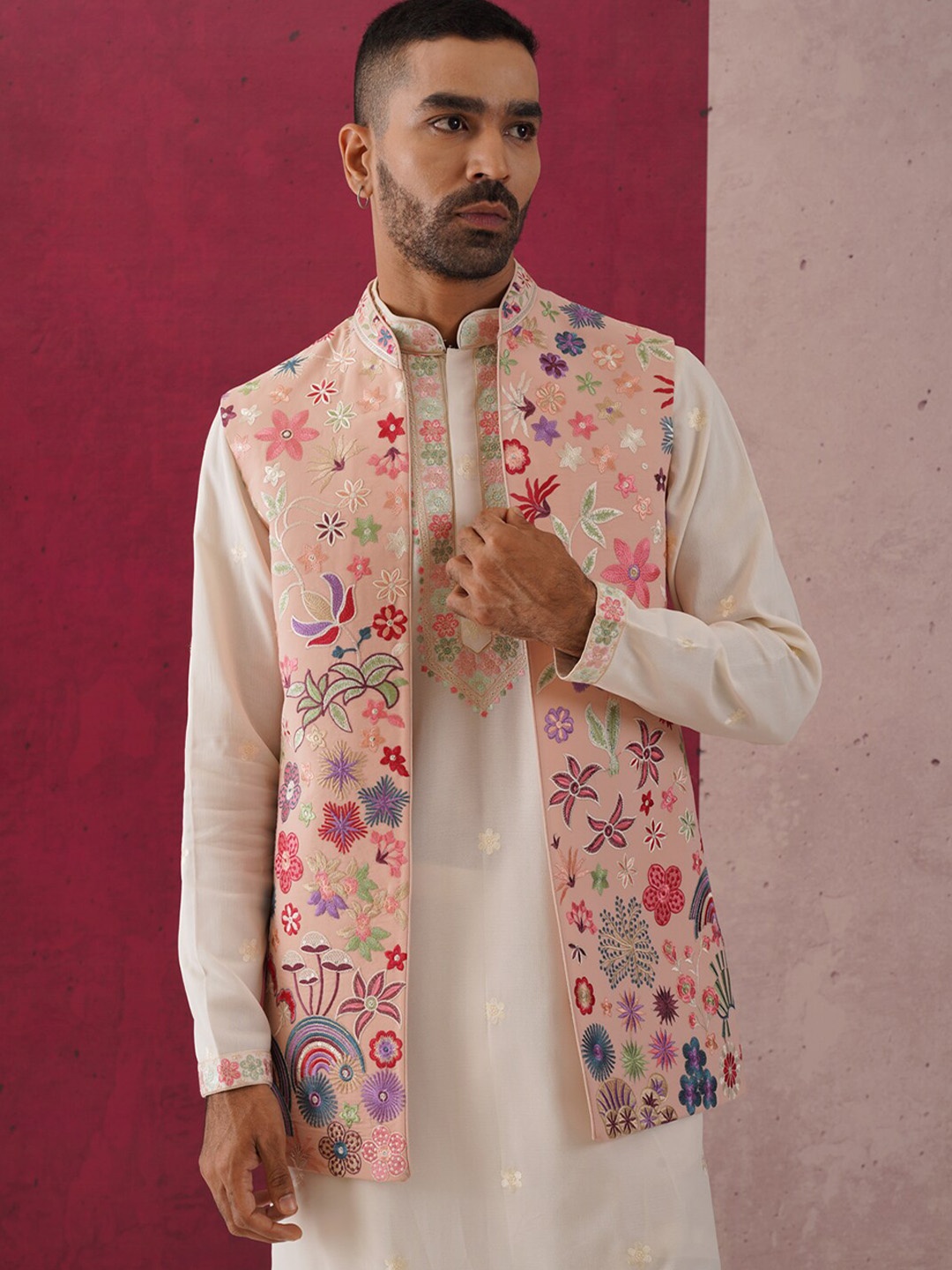 KALPRAAG Floral Yoke Design Thread Work Kurta & Pyjamas With Jacket, Peach