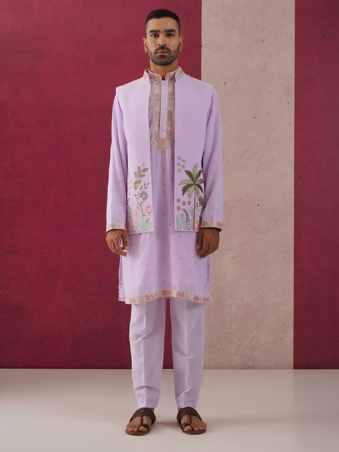 

KALPRAAG Floral Embroidered Mirror Work Kurta & Trousers With Jacket, Purple