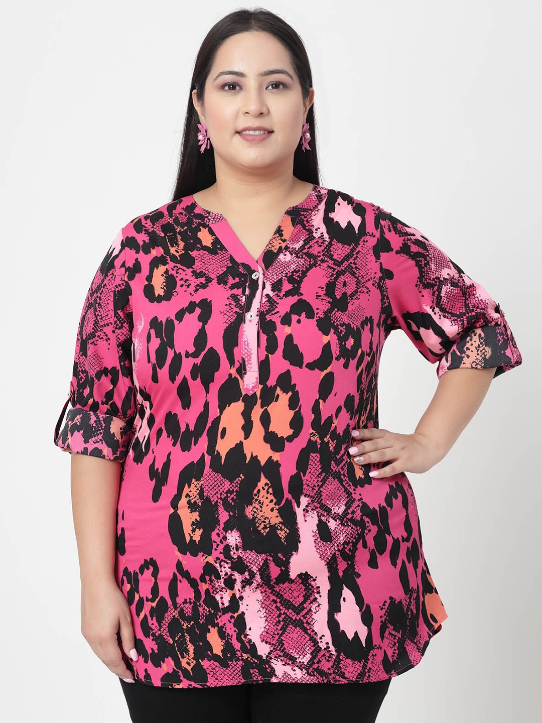 

plusS Pink Plus Size Abstract Printed Mandarin Collar Roll-Up Sleeves Regular Top