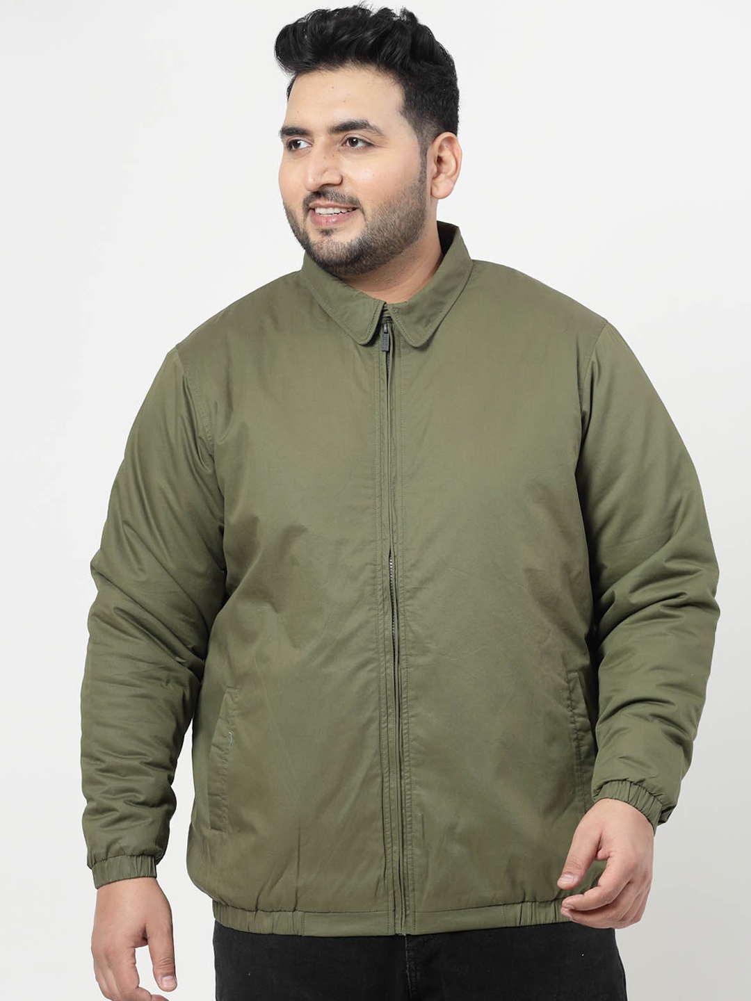 

plusS Olive Green Spread Collar Bomber Jacket