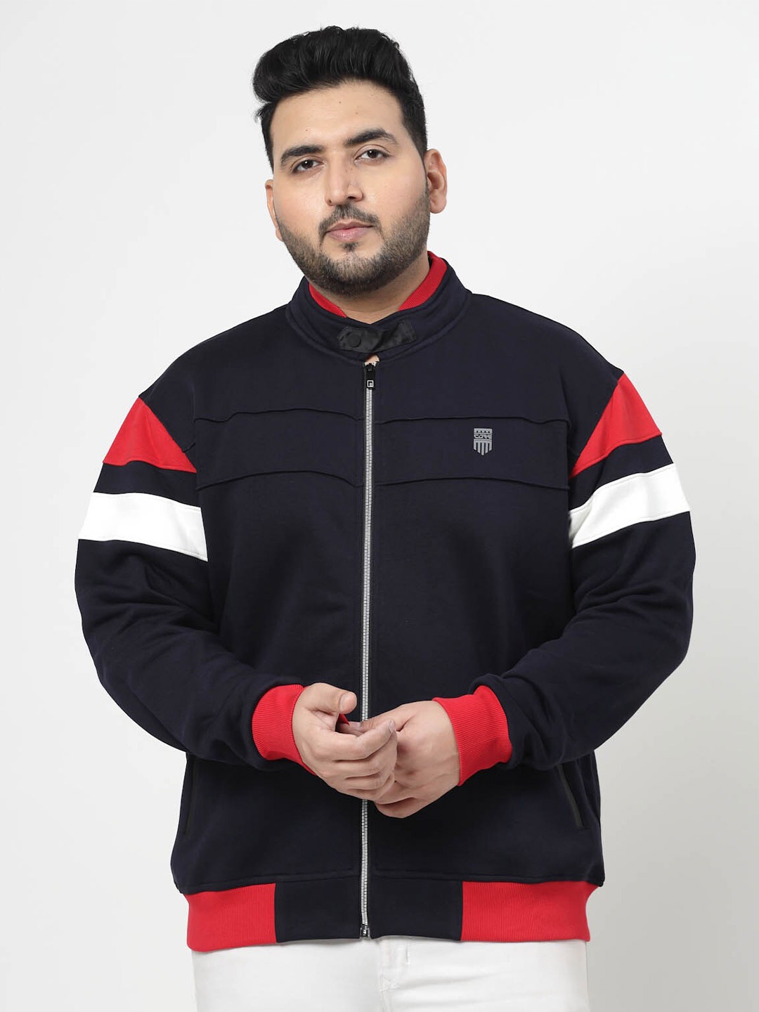 

plusS Navy Blue Mock Collar Cotton Front Open Sweatshirt