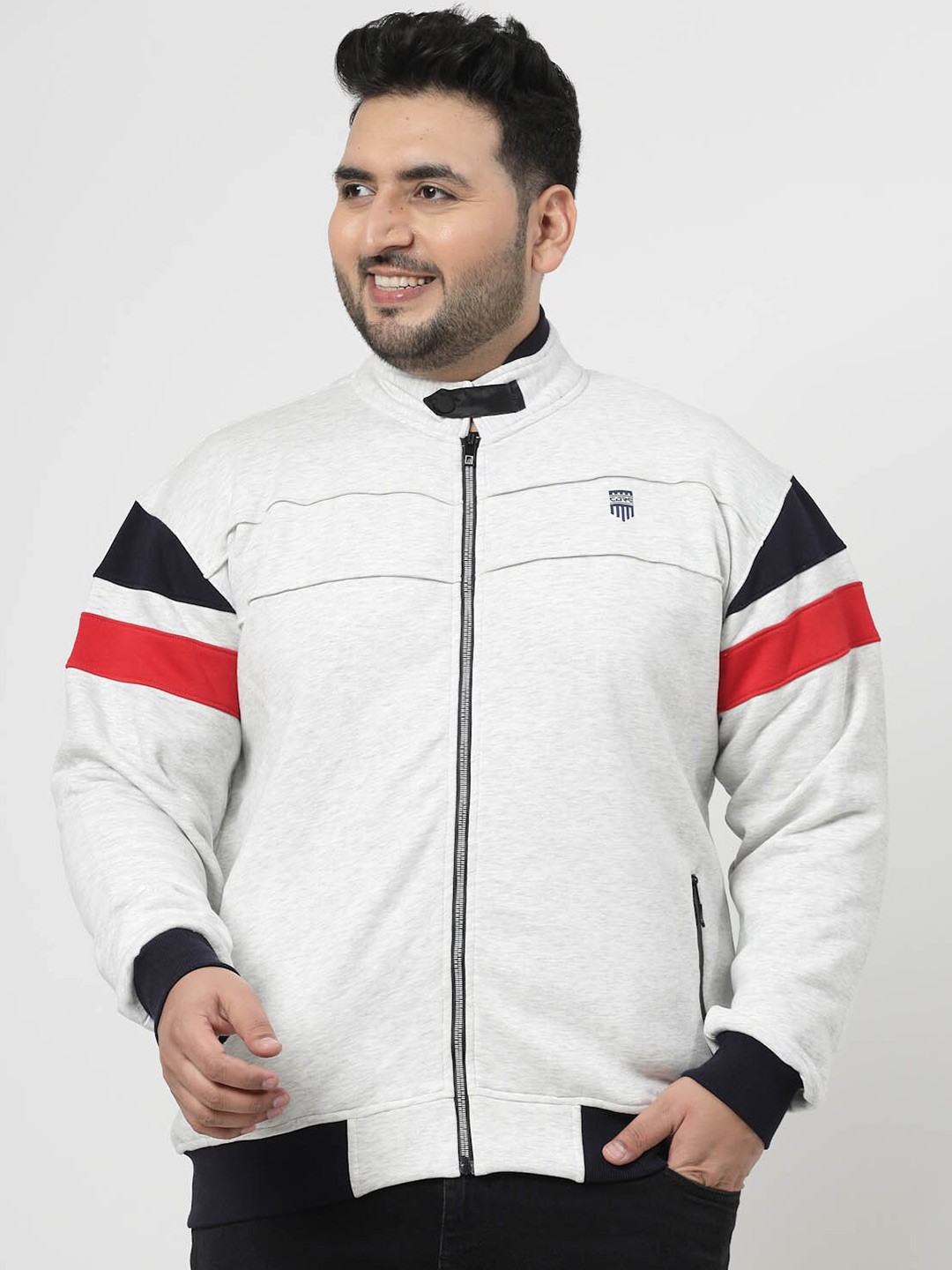 

plusS Grey Mock Collar Cotton Front Open Sweatshirt