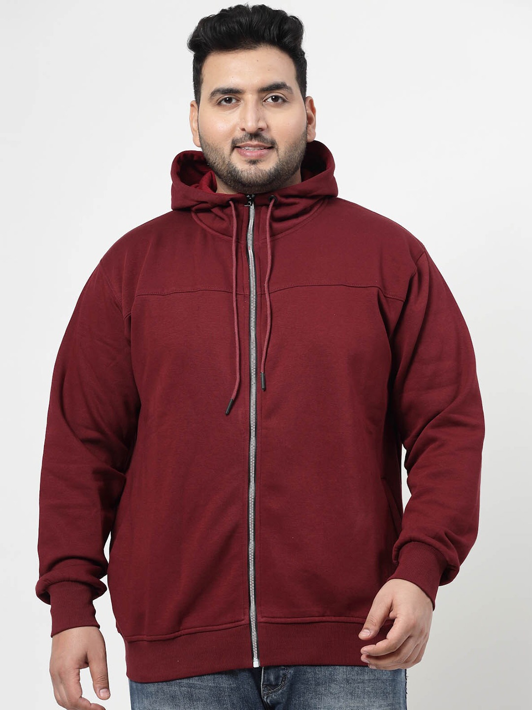

plusS Maroon Hooded Cotton Front Open Sweatshirt