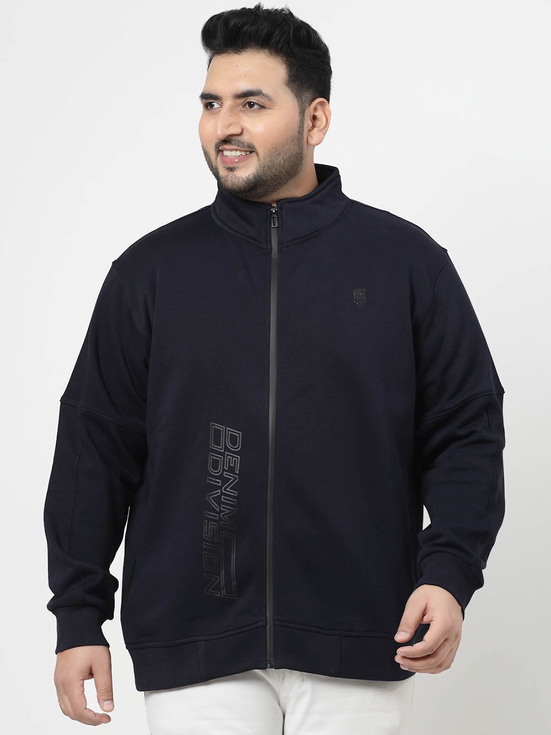 

plusS Navy Blue Typography printed Mock Collar Cotton Front Open Sweatshirt
