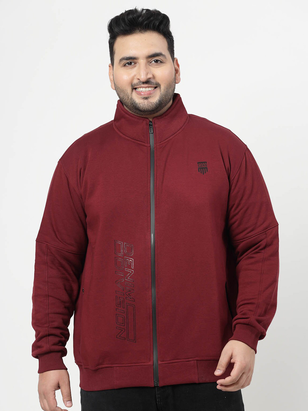 

plusS Maroon Typography Printed Mock Collar Cotton Front Open Sweatshirt