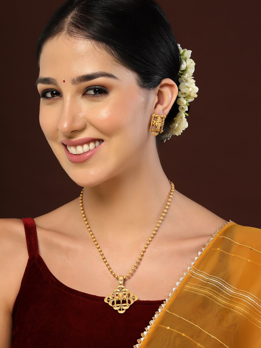 

PANASH Gold-Plated CZ-Studded Ganesh Shaped Pendant With Chain