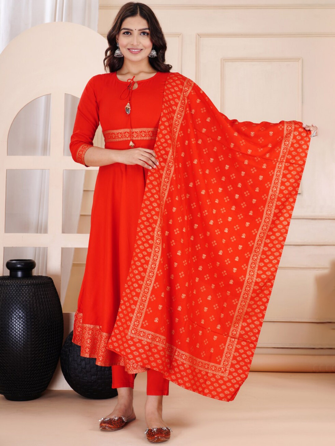 

KALINI Tie-Up Neck Anarkali Kurta & Trouser With Dupatta, Red