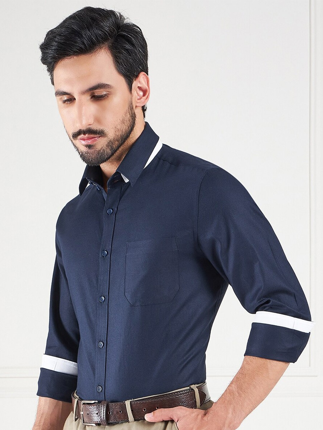 

LOUIS STITCH Comfort Spread Collar Cotton Formal Shirt, Navy blue
