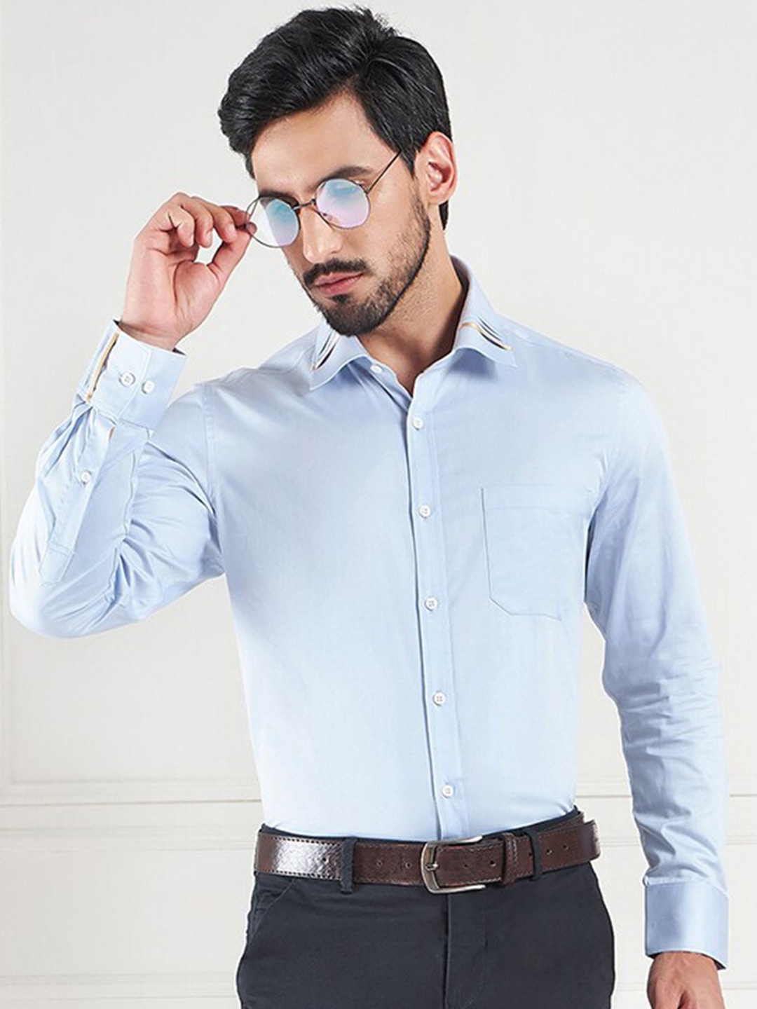 

LOUIS STITCH Comfort Fit Pleated Collar Opaque Pure Cotton Premium Formal Shirt, Blue