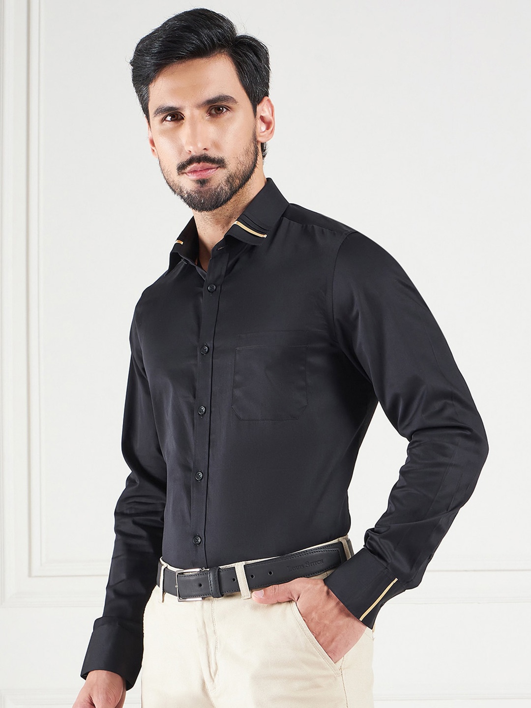 

LOUIS STITCH Comfort Spread Collar Formal Cotton Shirt, Black