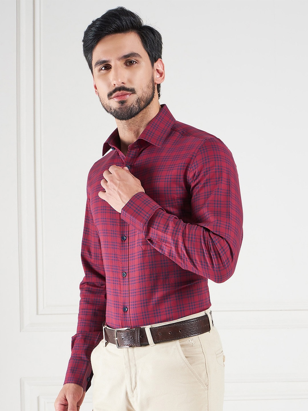 

LOUIS STITCH Comfort Checked Spread Collar Pure Cotton Formal Shirt, Red