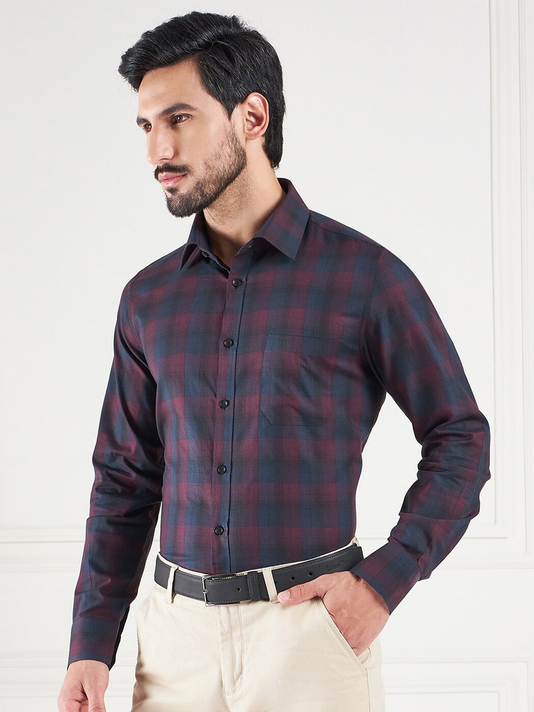 

LOUIS STITCH Comfort Tartan Checks Spread Collar Long Sleeves Cotton Formal Shirt, Navy blue