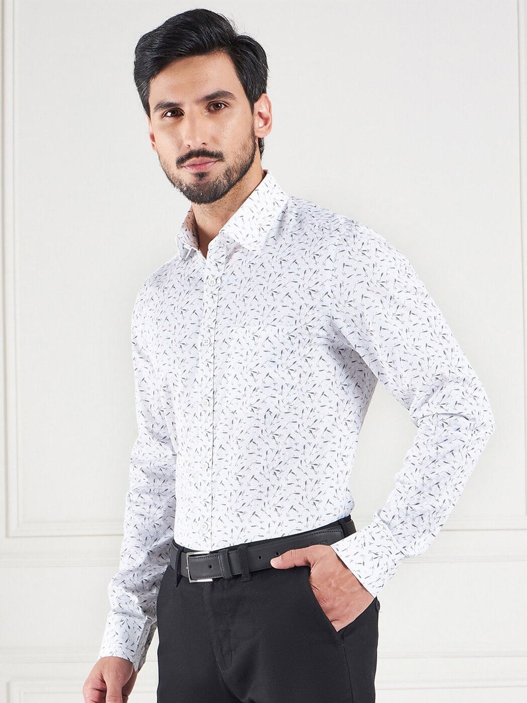 LOUIS STITCH Comfort Floral Printed Cotton Formal Shirt, White