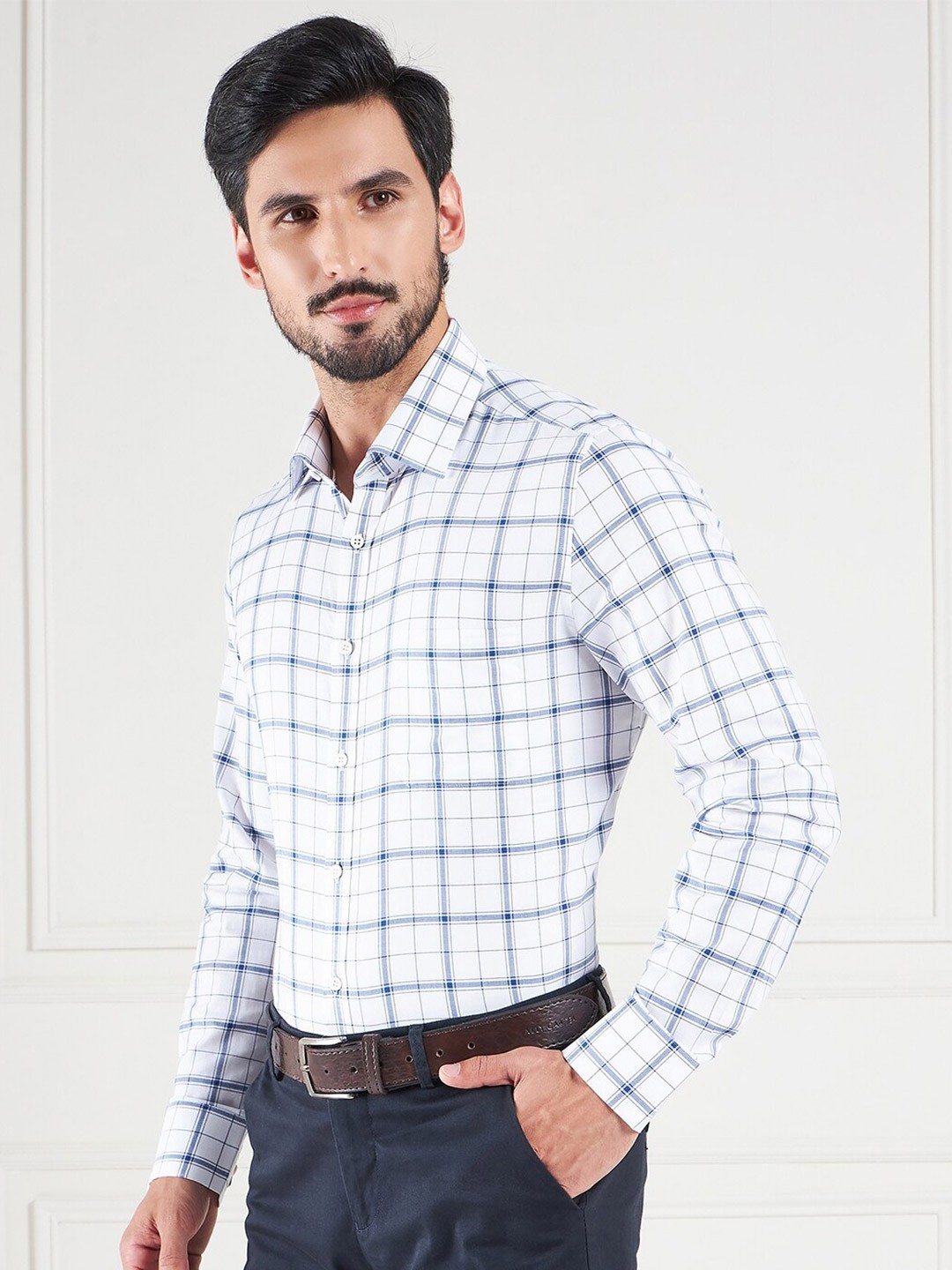 

LOUIS STITCH Comfort Windowpane Checked Cotton Formal Shirt, White