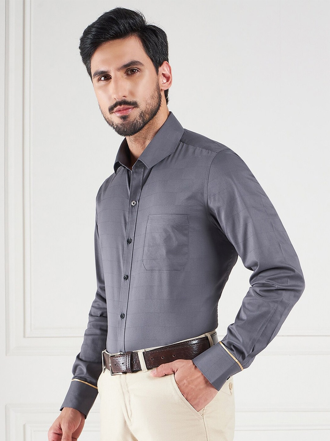 LOUIS STITCH Comfort Spread Collar Cotton Formal Shirt, Grey