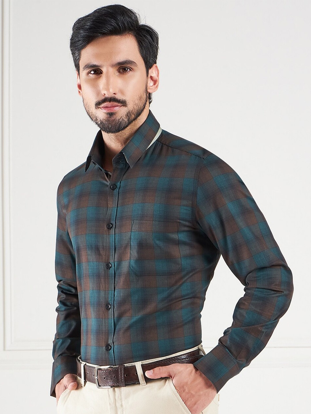 

LOUIS STITCH Comfort Tartan Checks Opaque Cotton Formal Shirt, Green