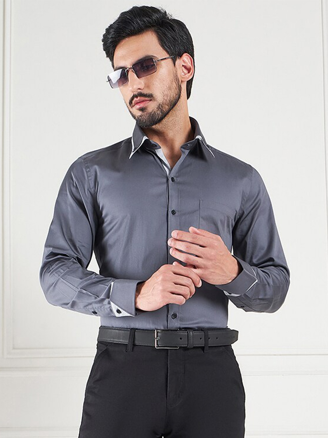 LOUIS STITCH Comfort Spread Collar Cotton Formal Shirt, Grey