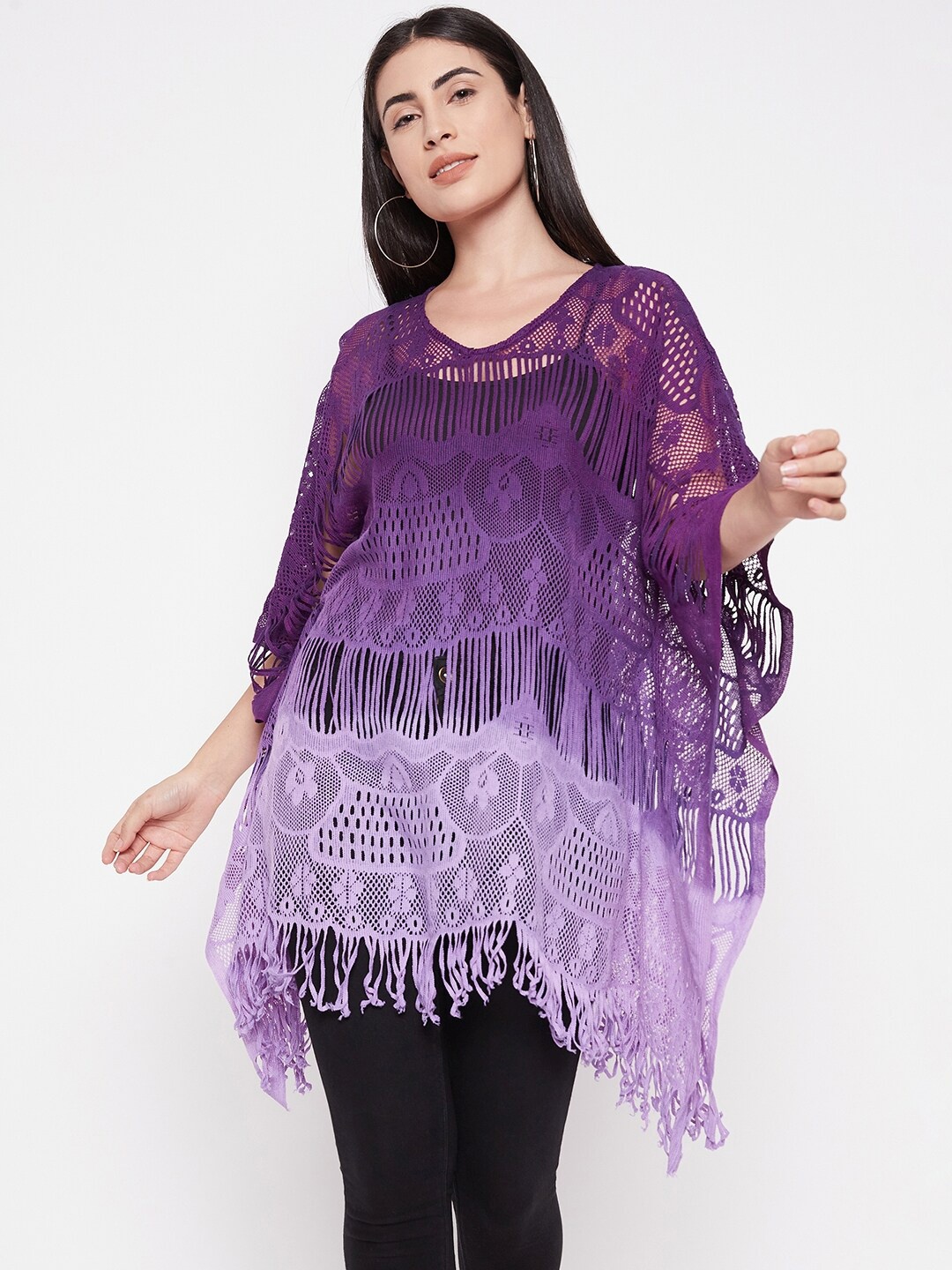 

Ruhaans Self Designed Extended Sleeve Sheer Cotton Longline Kaftan Top, Purple