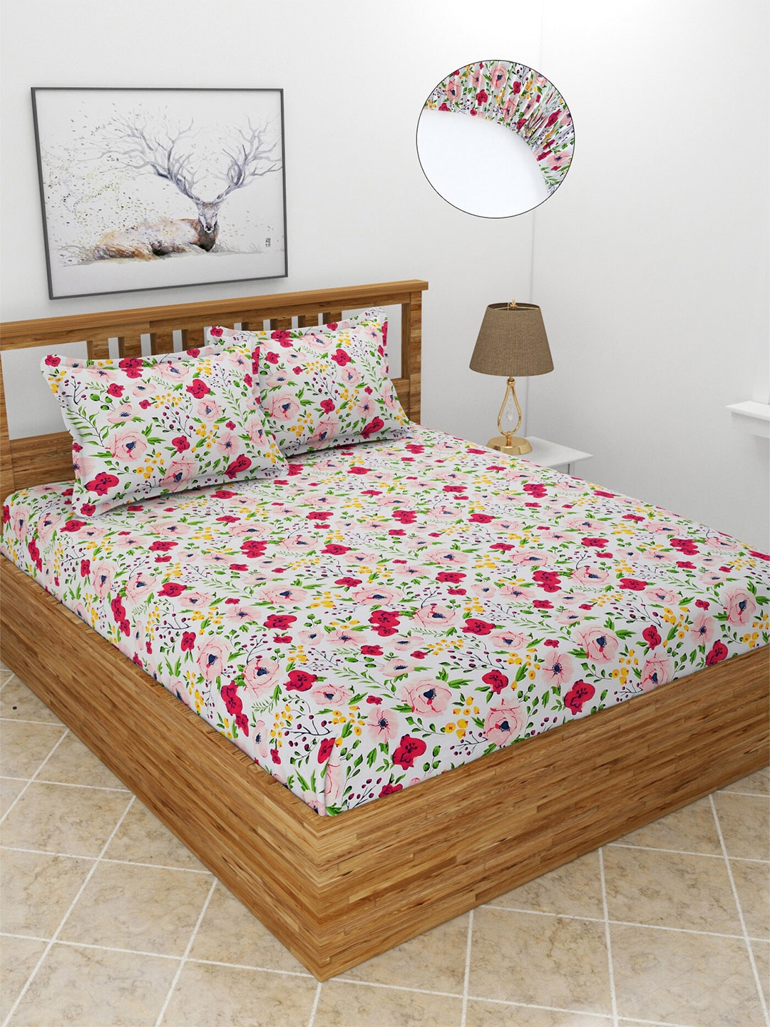 

BREVARD Pink & Green Floral Printed 210 TC Fitted Queen Bedsheet with 2 Pillow Covers