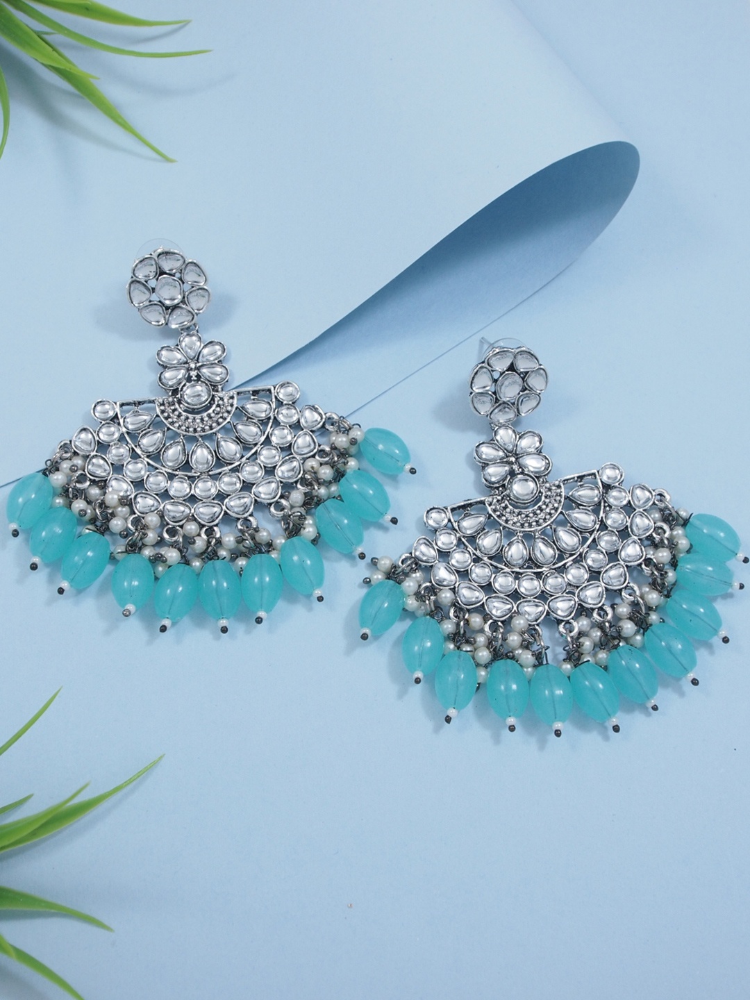 

I Jewels Silver-Plated Kundan Contemporary Oxidised Chandbalis Earrings, Blue