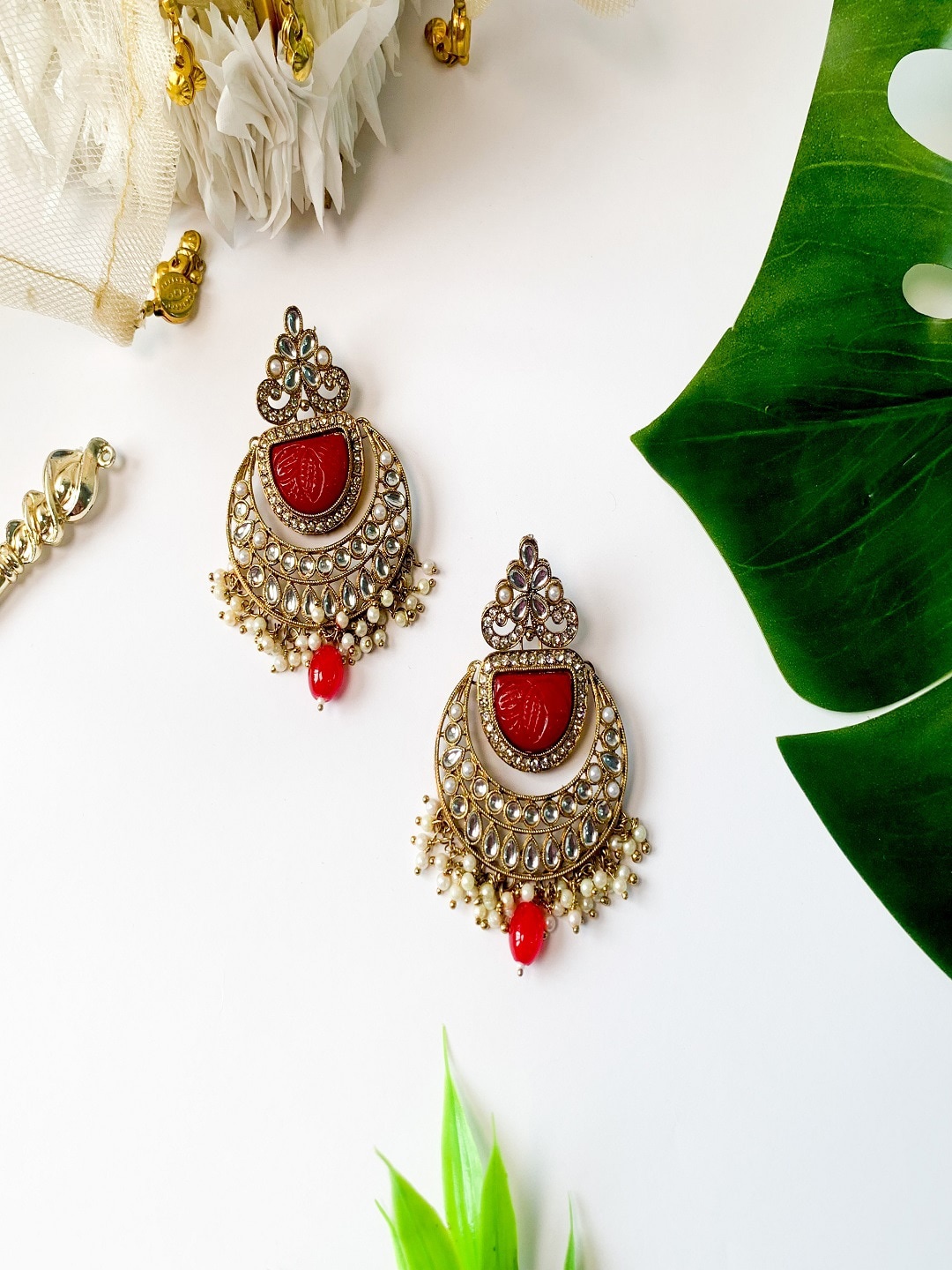 

I Jewels Gold-Plated Contemporary Kundan Stone Studded Chandbali Earring, Red