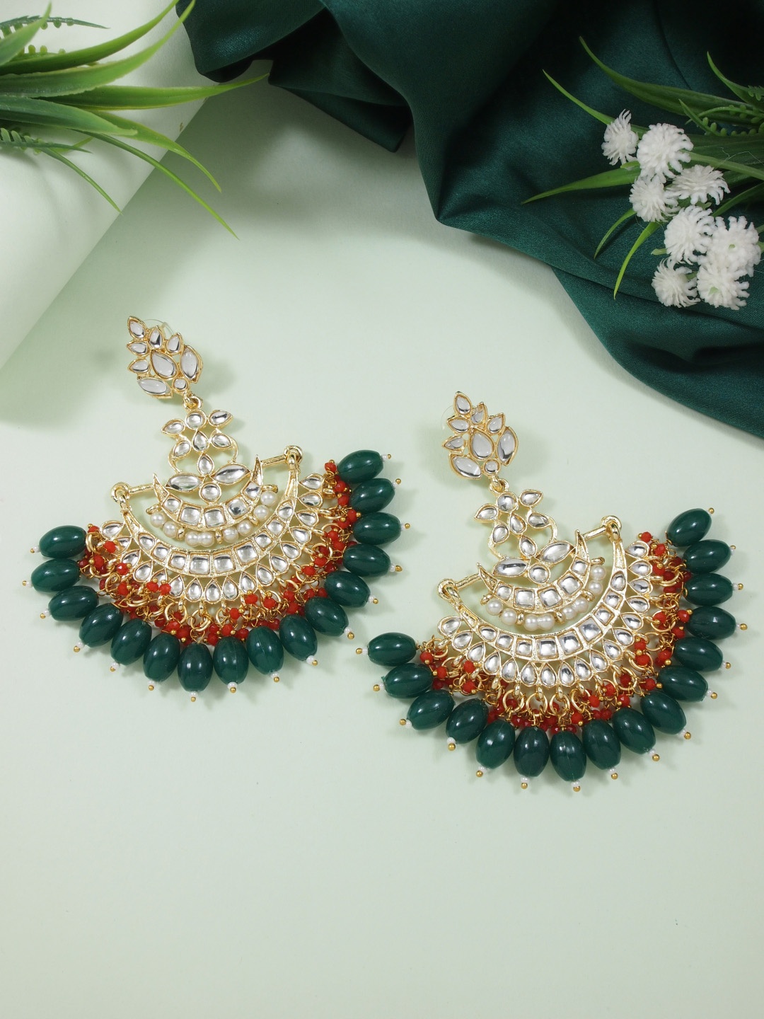 

I Jewels Gold-Plated Kundan Contemporary Chandbalis Earrings, Green