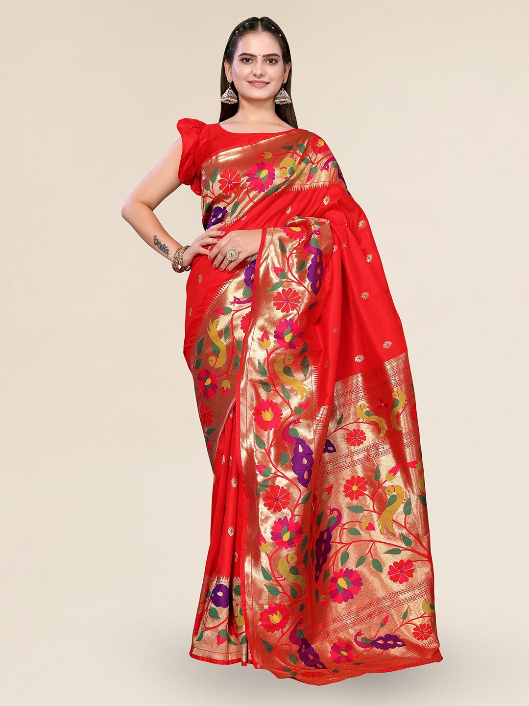 

DIVASTRI Ethnic Motifs Woven Design Zari Paithani Saree, Red