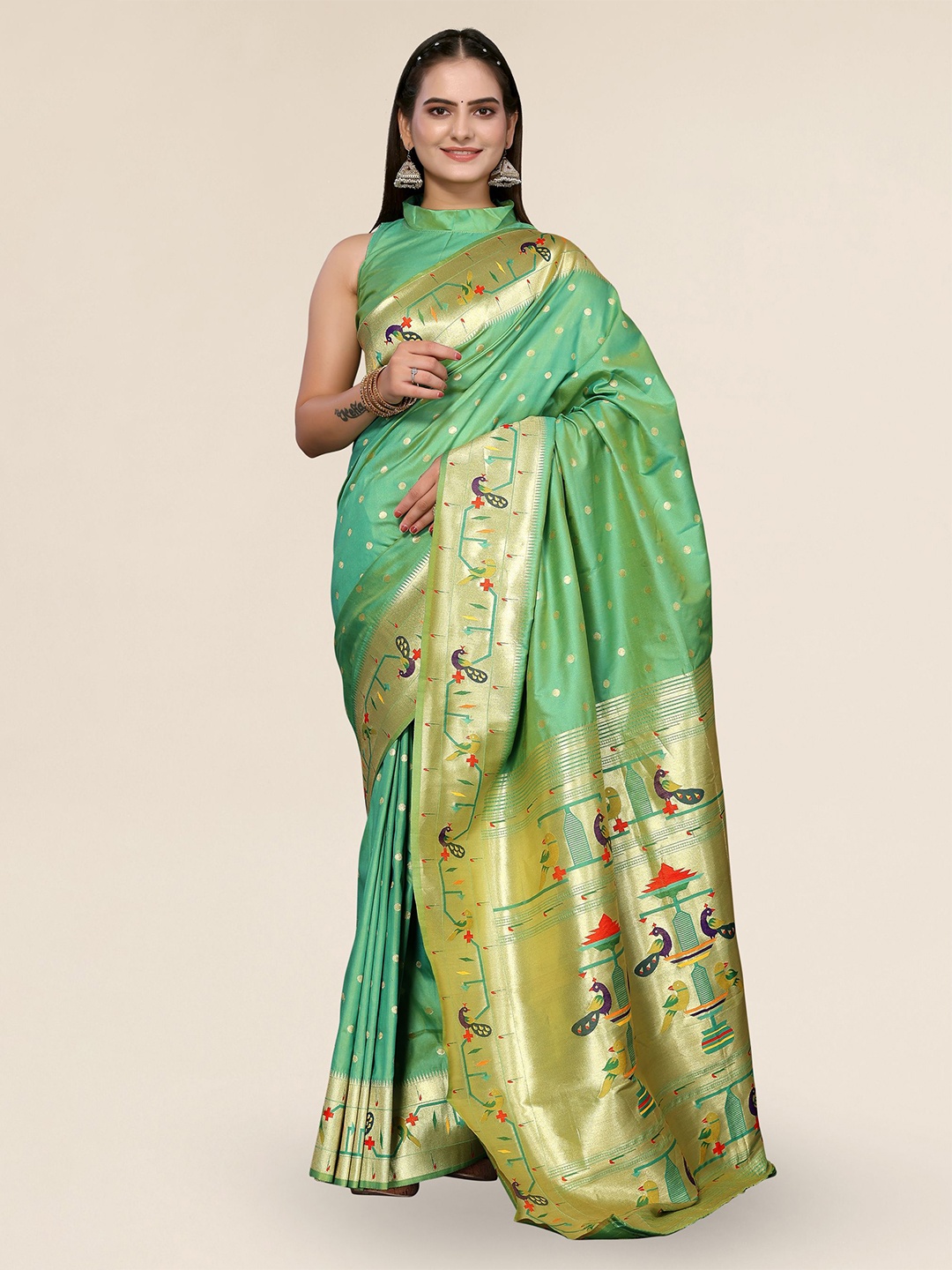 

DIVASTRI Ethnic Motifs Woven Design Zari Paithani Saree, Green