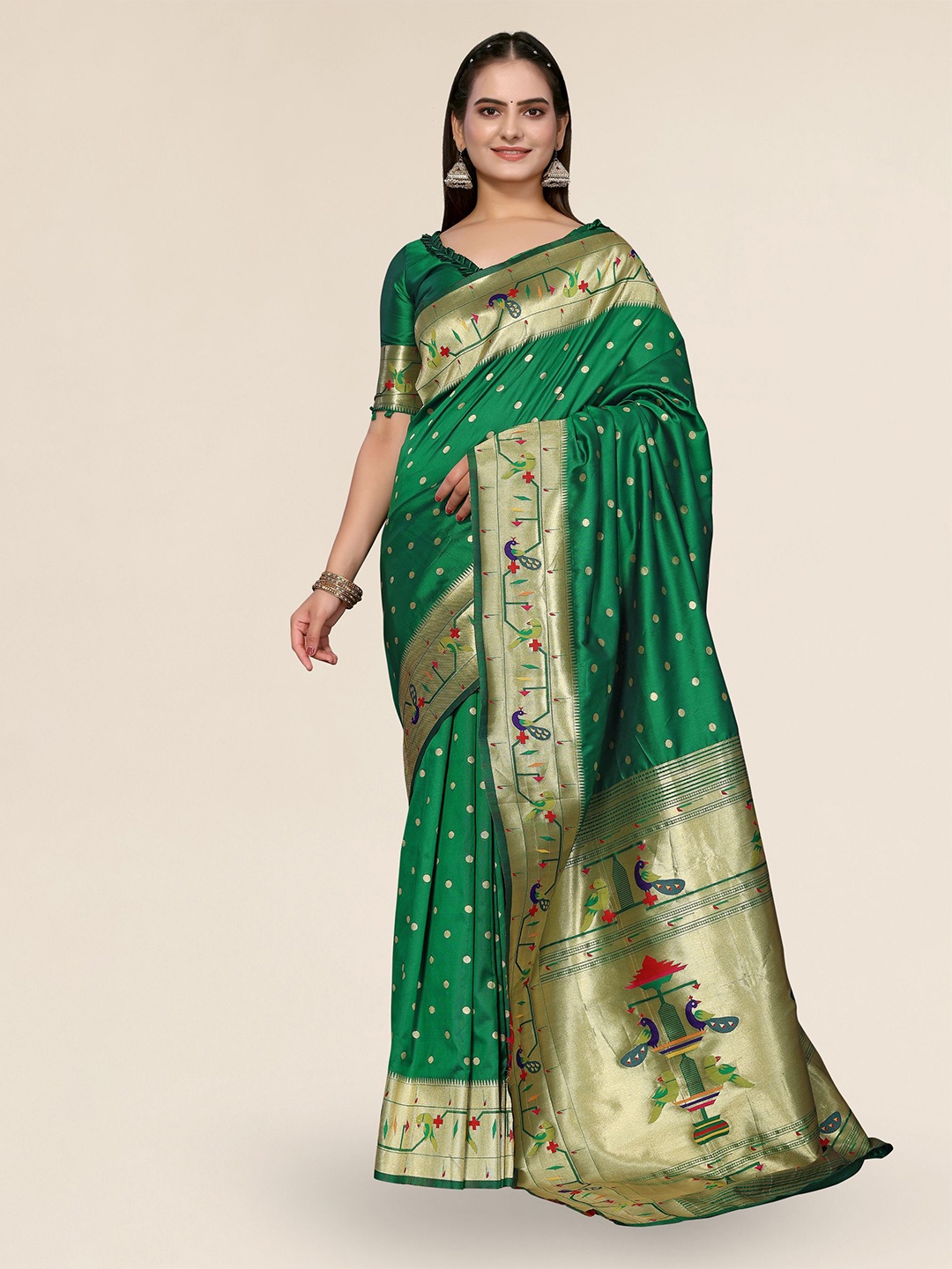

DIVASTRI Ethnic Motifs Woven Design Zari Paithani Saree, Green
