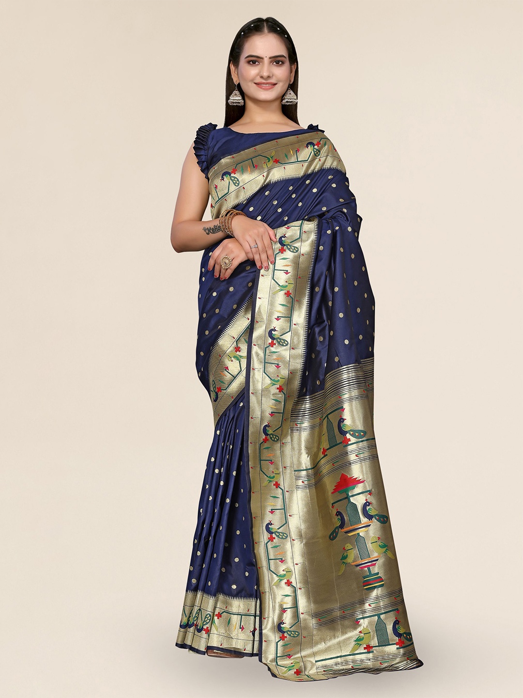 

DIVASTRI Ethnic Motifs Woven Design Zari Paithani Saree, Navy blue