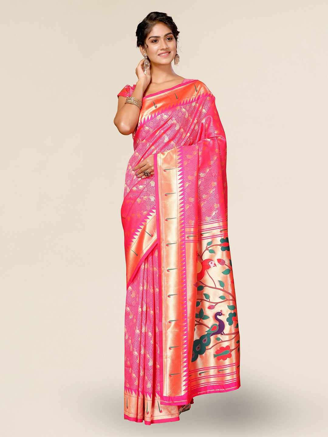 

DIVASTRI Ethnic Motifs Woven Design Zari Paithani Saree, Pink