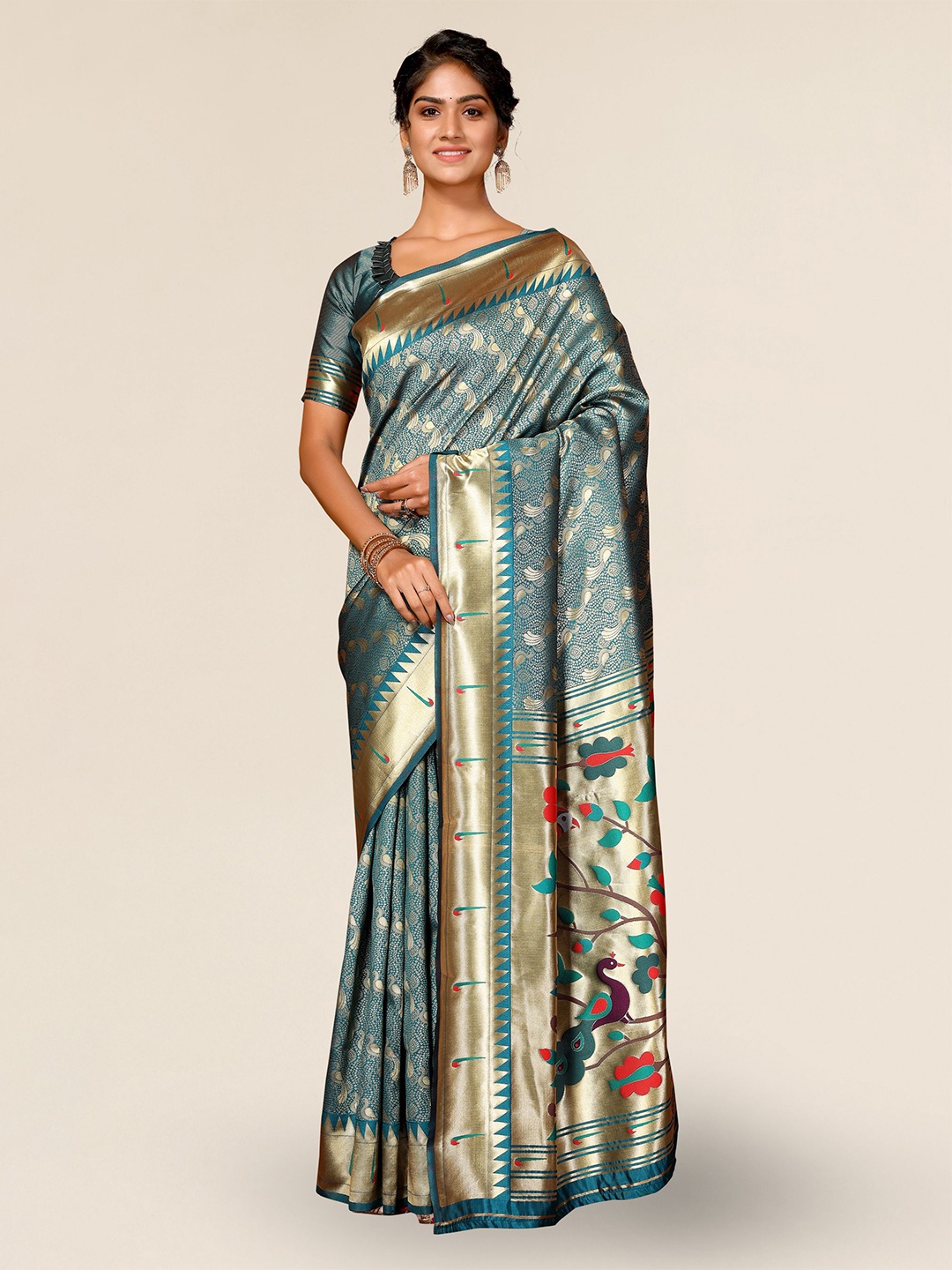 

DIVASTRI Ethnic Motifs Woven Design Zari Detail Saree, Teal