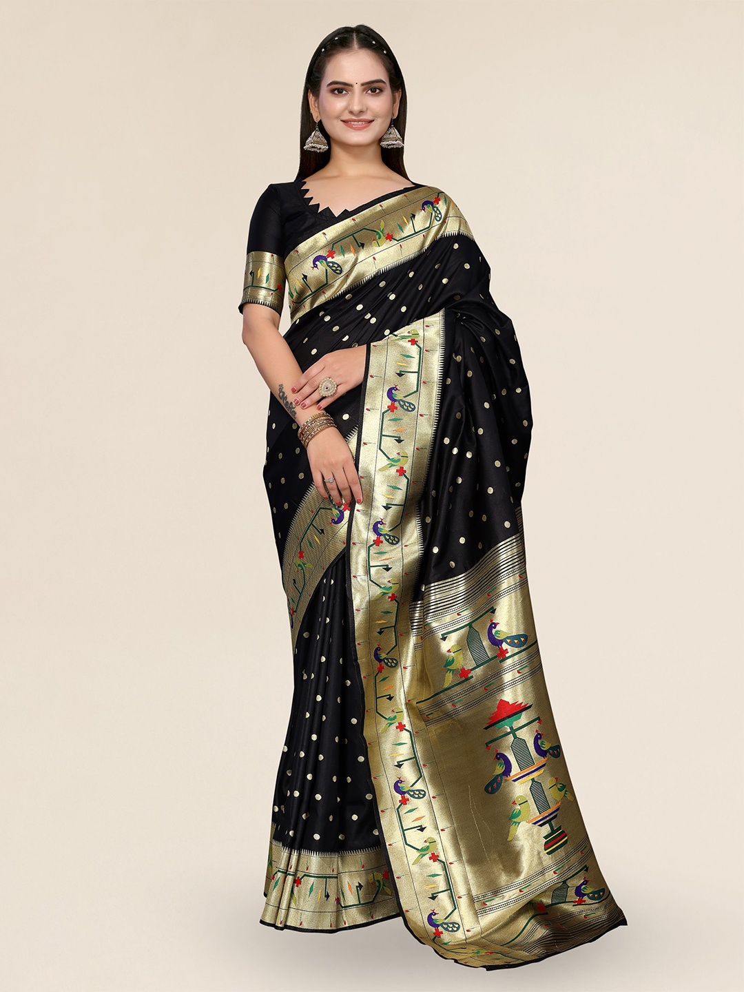 

DIVASTRI Ethnic Motifs Woven Design Zari Paithani Saree, Black