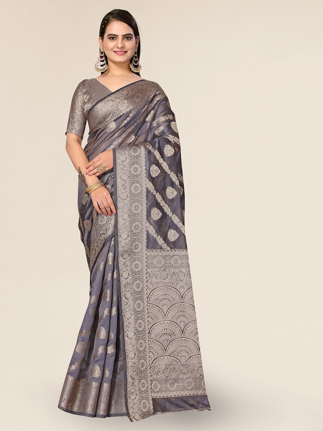 

DIVASTRI Ethnic Motifs Woven Design Organza Zari Banarasi Saree, Grey