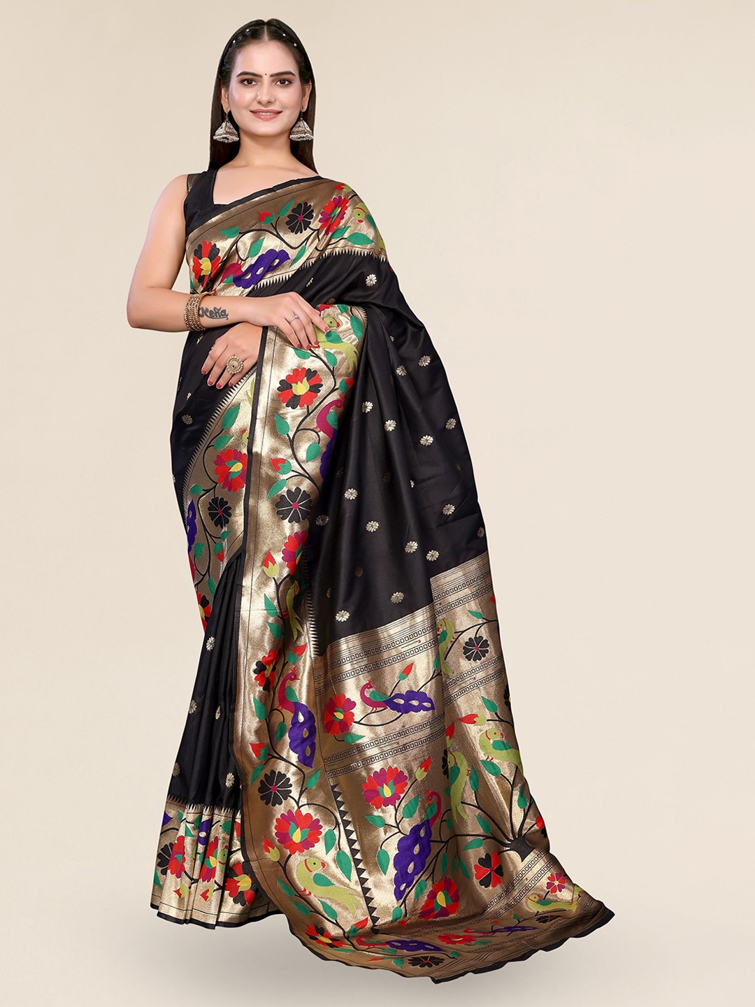 

DIVASTRI Ethnic Motifs Woven Design Zari Paithani Saree, Black