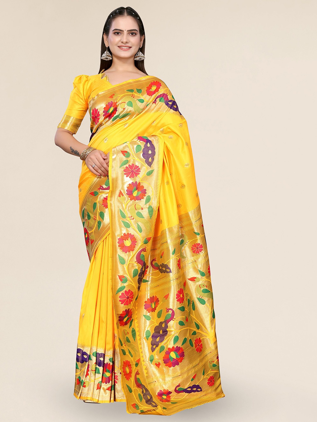 

DIVASTRI Ethnic Motifs Woven Design Zari Paithani Saree, Yellow