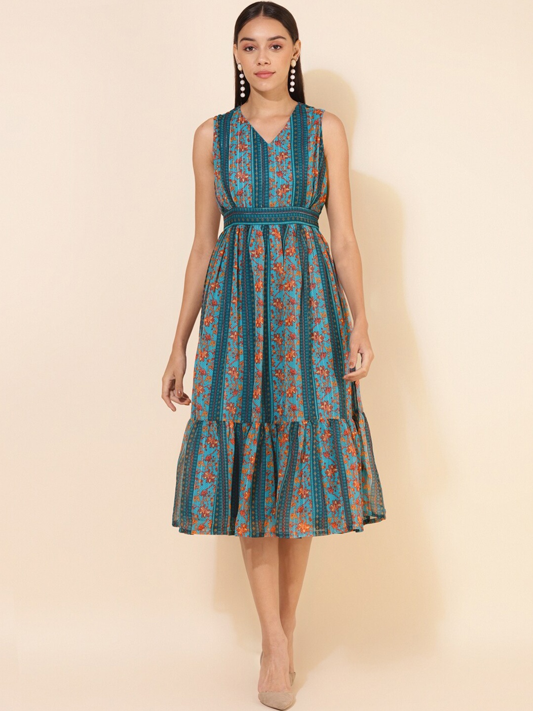 

Janasya Blue Floral Printed Chiffon Fit and Flare Midi Dress