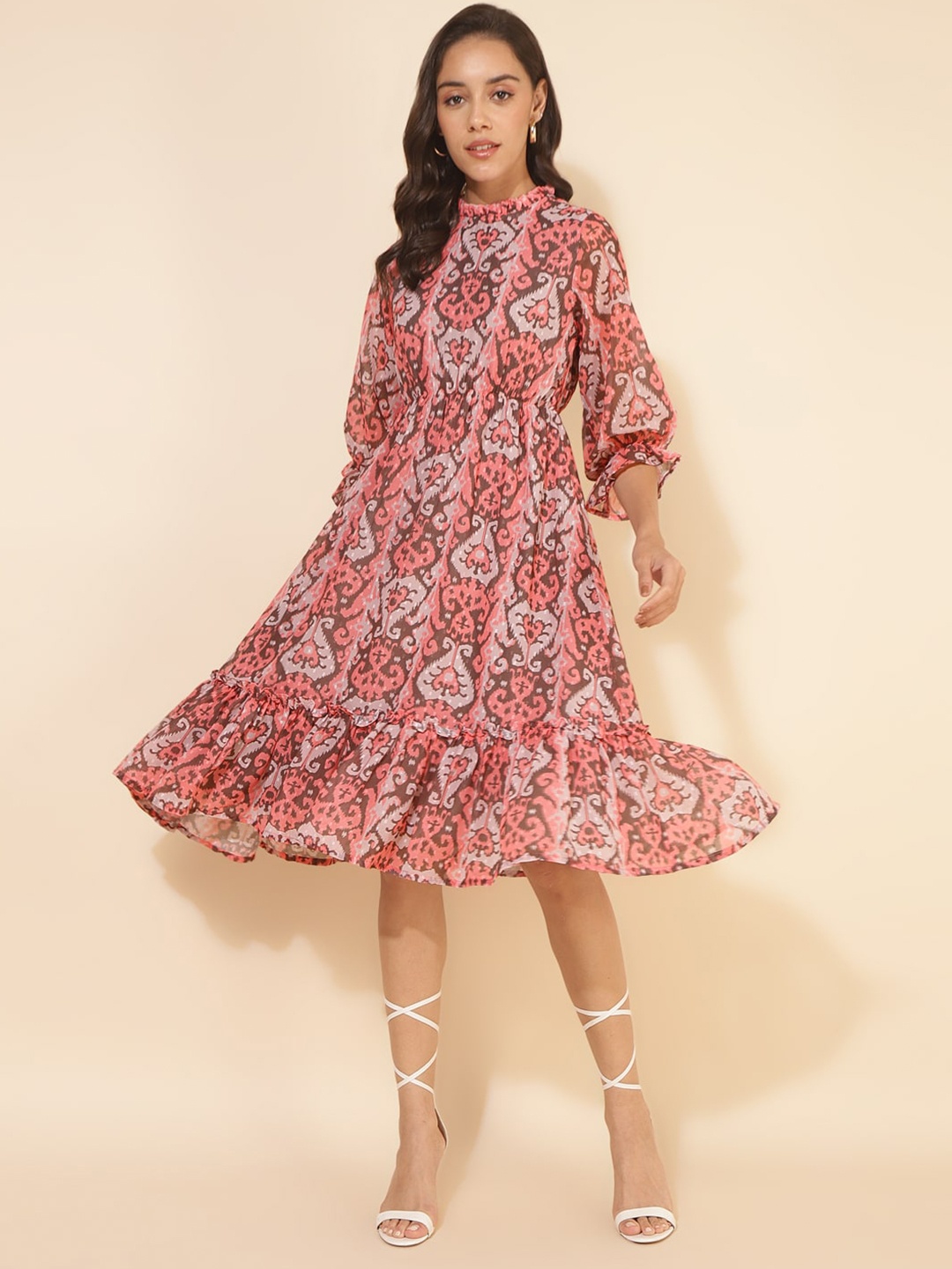 

Janasya Peach-Coloured Ethnic Motifs Ikkat Printed Georgette Fit & Flared Dress
