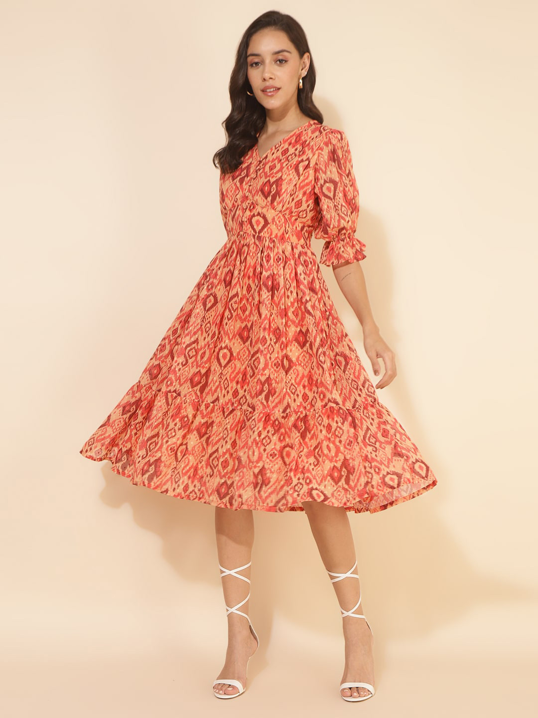 

Janasya Abstract Ikat Printed Puffed Sleeves Georgette Fit & Flare Dress, Orange