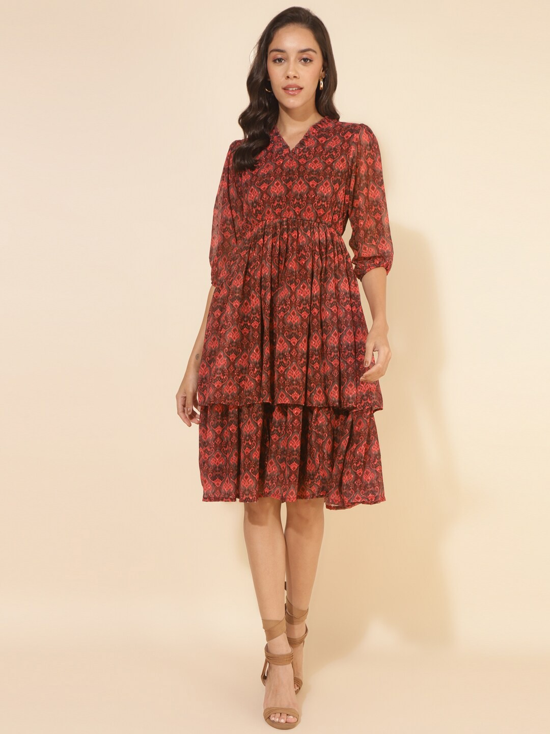 

Janasya Brown Ethnic Motifs Ikkat Printed Puff Sleeve Layered Georgette Fit & Flare Dress