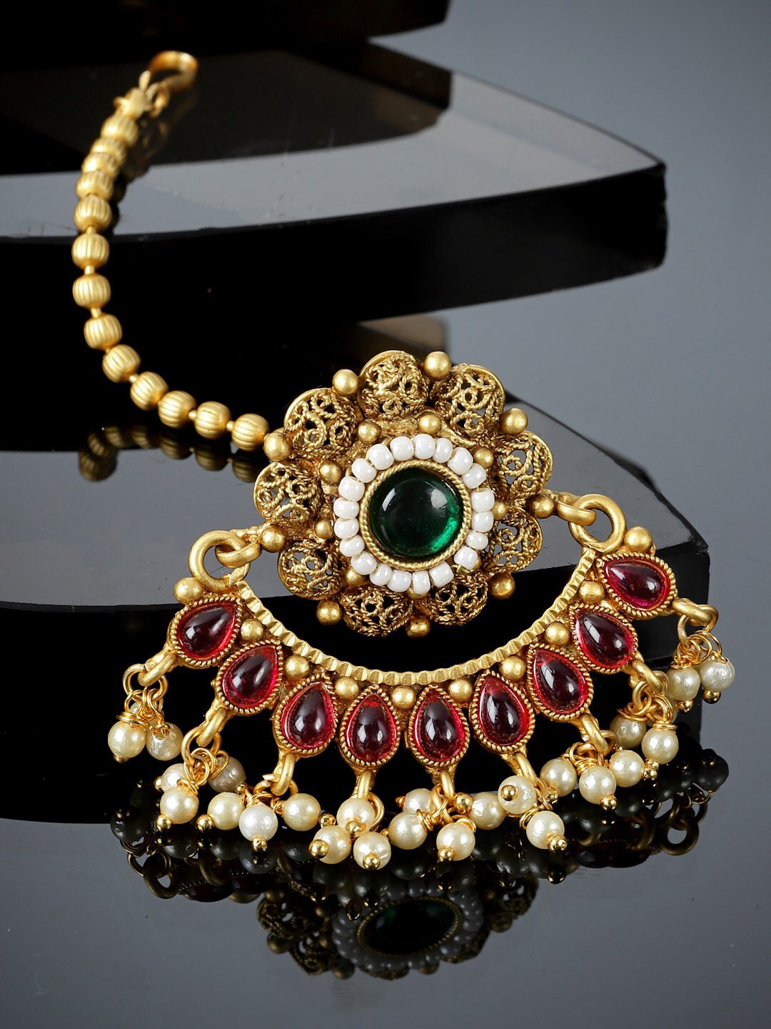 

PANASH Gold-Plated Handcrafted Stone-Studded & Pearl-Beaded Borla Maang Tikka
