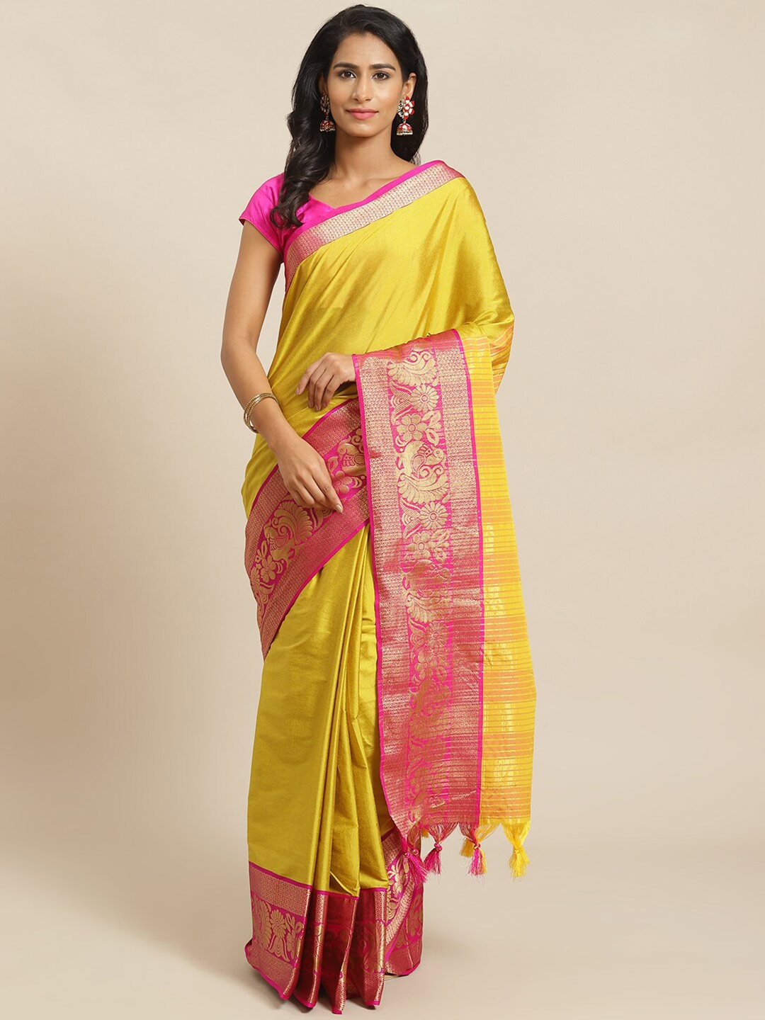 

Mitera Yellow & Fuchsia Zari Banarasi Saree