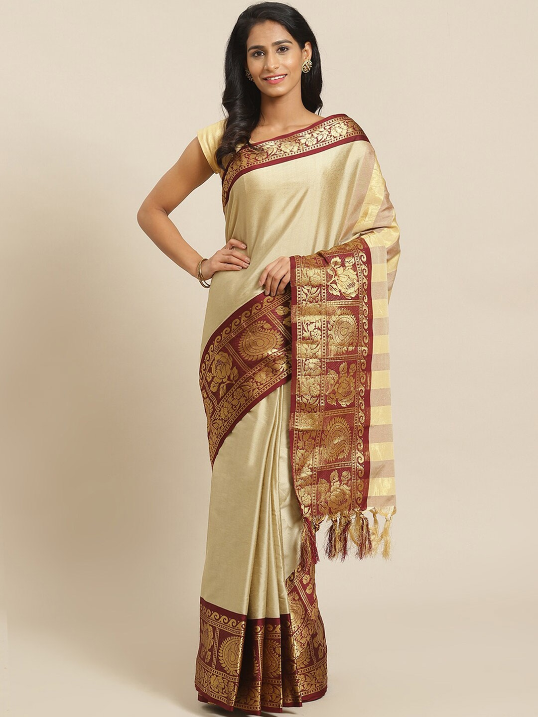 

Mitera Beige & Brown Zari Banarasi Saree