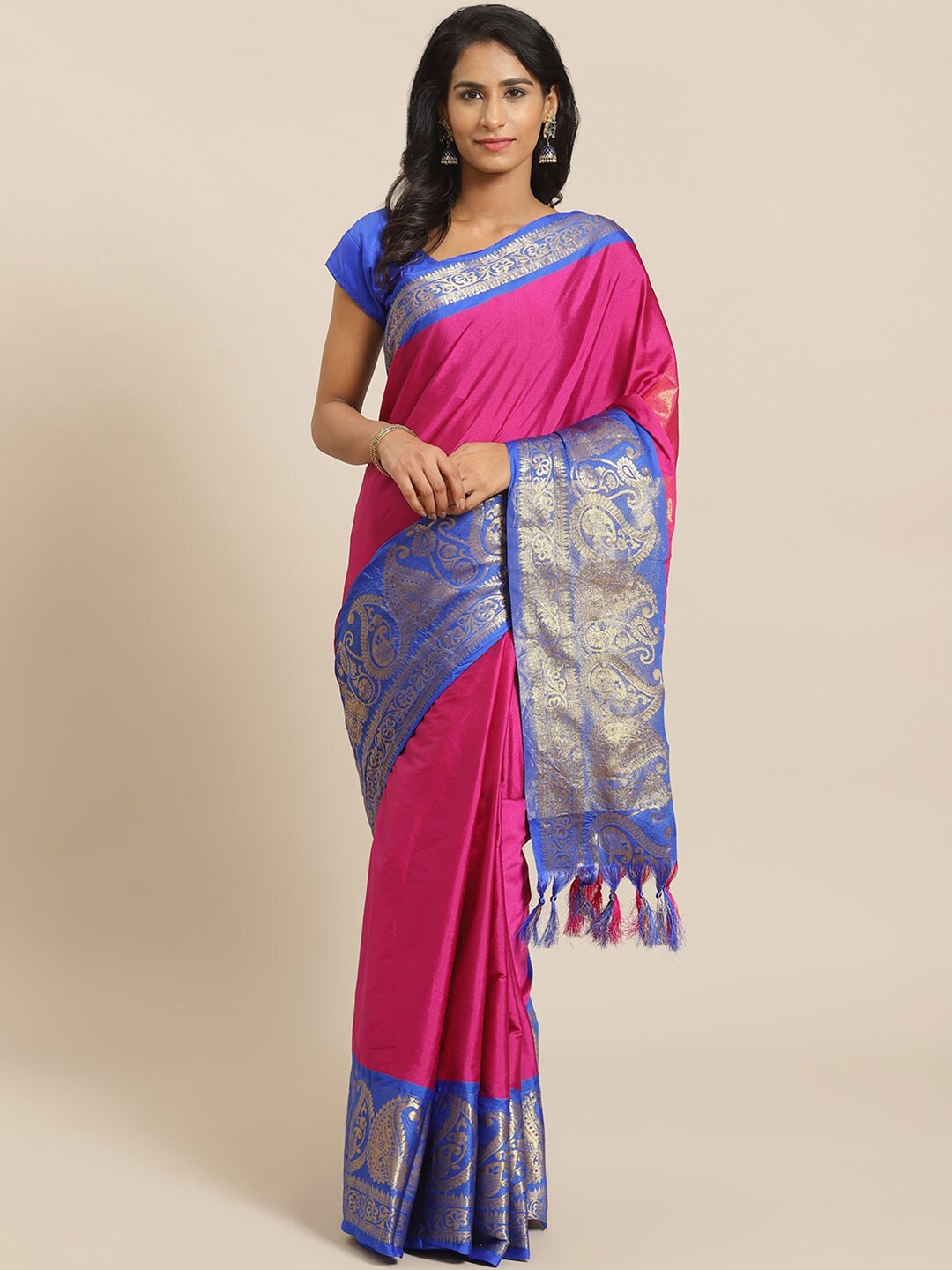 

Mitera Pink & Blue Zari Banarasi Saree