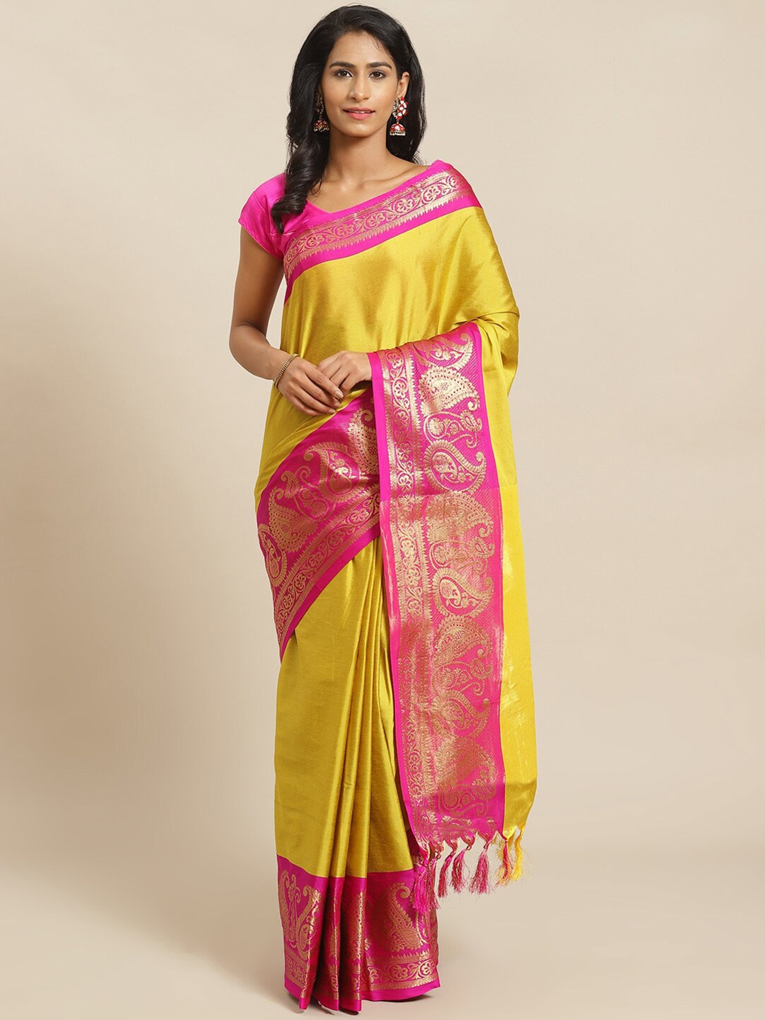 

Mitera Yellow & Fuchsia Zari Banarasi Saree