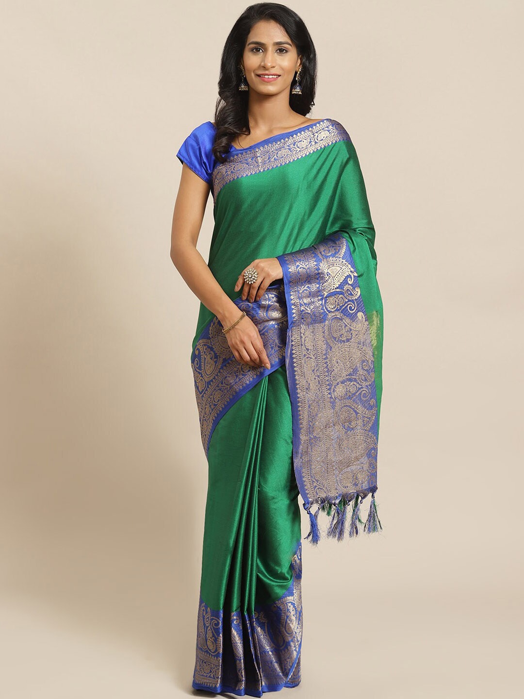 

Mitera Green & Blue Woven Design Bordered Zari Banarasi Saree