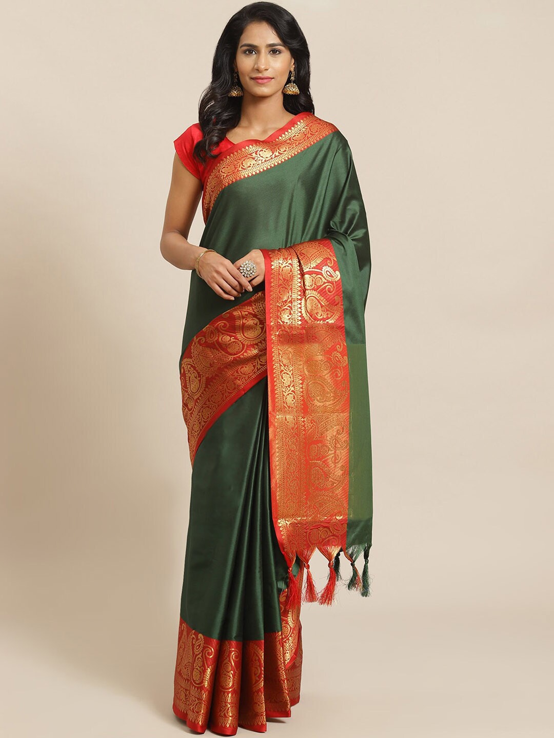 

Mitera Green & Red Woven Design Zari Banarasi Saree